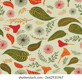 Seamless Pattern Of Leaves And Abstract Floral Elements In Warm, Earthy Tones On A Light Background, Perfect For Textiles Or Digital Art.