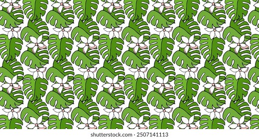 Patrón sin fisuras, hojas, flores abstractas, ornamento, textura, contornos, plantas tropicales