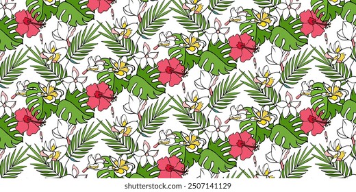 Seamless pattern, leaves, abstract flowers, ornament, texture, contours, tropical plants