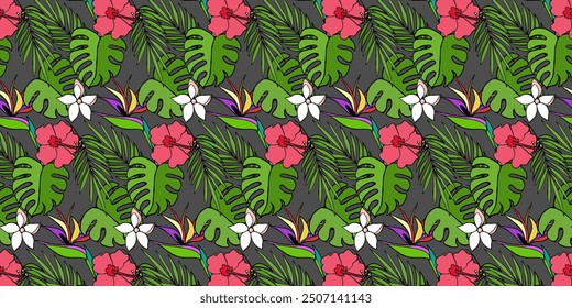 Seamless pattern, leaves, abstract flowers, ornament, texture, contours, tropical plants
