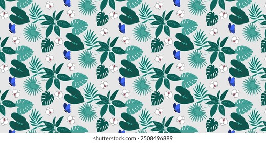 Patrón sin fisuras, hojas, flores abstractas, adorno, textura, contornos, plantas tropicales, pájaro tucán