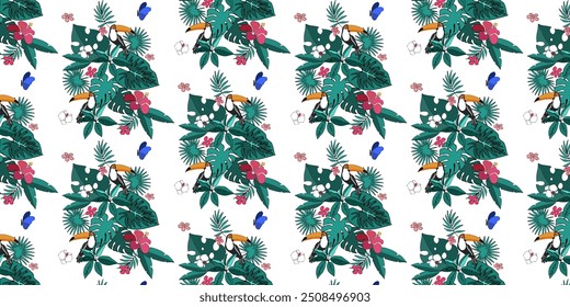 Seamless pattern, leaves, abstract flowers, ornament, texture, contours, tropical plants, toucan bird