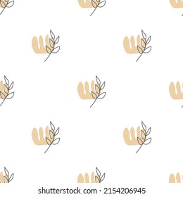 Seamless pattern with leaves and abstract shapes. Abstract Minimalistic Art. Cute kids nursery repeat background. Design in boho style for printing on textile or paper.