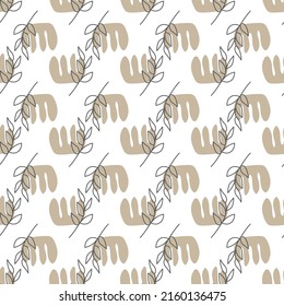 Seamless pattern with leaves and abstract shapes. Abstract Minimalistic Art. Cute kids nursery repeat background. Design in boho style for printing on textile or paper.