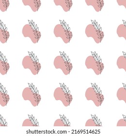 Seamless pattern with leaves and abstract shapes. Abstract Minimalistic Art. Cute kids nursery repeat background. Design in boho style for printing on textile or paper.