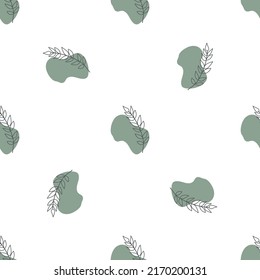 Seamless pattern with leaves and abstract shapes. Abstract Minimalistic Art. Cute kids nursery repeat background. Design in boho style for printing on textile or paper.