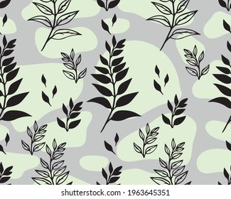 seamless pattern with leaves and abstract spots and lines, trendy decorative background with plants, botanical elements, stylized vector graphics