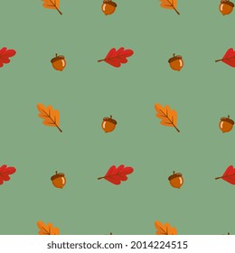 Seamless pattern with leaves and acorn on green background. Abstract autumn texture. Design for fabric, wallpaper, textile and decor.