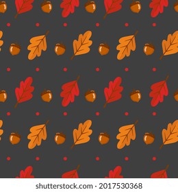 Seamless pattern with leaves and acorn on grey background. Abstract autumn texture. Design for fabric, wallpaper, textile and decor.