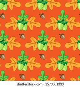 Seamless pattern of leaves and acorns. Bright autumn pattern for print or web design