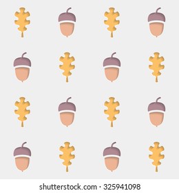 Seamless pattern, leaves, acorns, gray background. Vector decorative illustration for print, web.