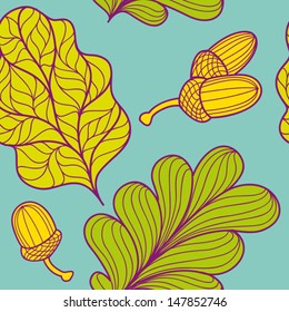 Seamless pattern with leaves and acorns. Vector illustration.