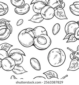 Seamless pattern with leaves and apricots. Line drawing. Summer food background. Great for label, fabric, packaging