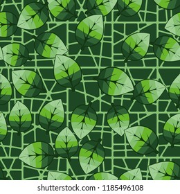 A seamless pattern of leaves arranged in random order against a chaotic lattice background.