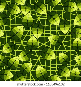 A seamless pattern of leaves arranged in random order against a chaotic lattice background.