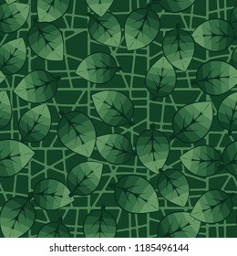 A seamless pattern of leaves arranged in random order against a chaotic lattice background.