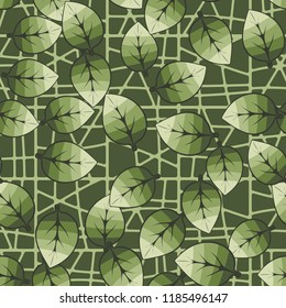 A seamless pattern of leaves arranged in random order against a chaotic lattice background.