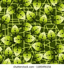 A seamless pattern of leaves arranged in random order against a chaotic lattice background.
