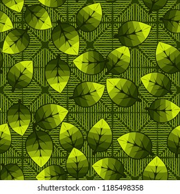 A seamless pattern of leaves arranged in random order on a background of squares consisting of wavy bands.
