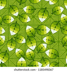 A seamless pattern of leaves arranged in random order on a background of squares consisting of wavy bands.
