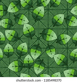 A seamless pattern of leaves arranged in random order on a background of squares consisting of wavy bands.