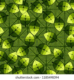 A seamless pattern of leaves arranged in random order on a background of squares consisting of wavy bands.