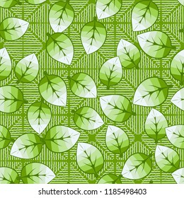 A seamless pattern of leaves arranged in random order on a background of squares consisting of wavy bands.