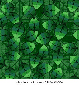 A seamless pattern of leaves arranged in random order on a background of squares consisting of wavy bands.