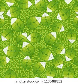 A seamless pattern of leaves arranged randomly on a background of squares of spray.