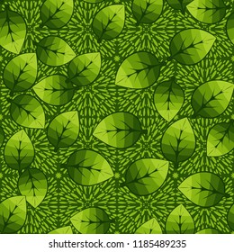 A seamless pattern of leaves arranged randomly on a background of squares of spray.