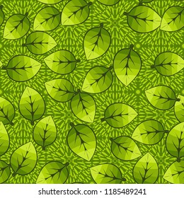 A seamless pattern of leaves arranged randomly on a background of squares of spray.