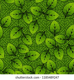 A seamless pattern of leaves arranged randomly on a background of squares of spray.