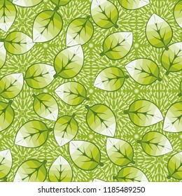 A seamless pattern of leaves arranged randomly on a background of squares of spray.