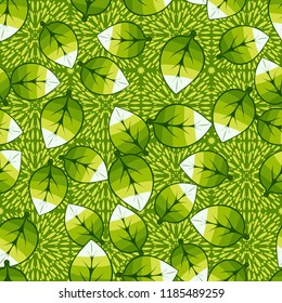 A seamless pattern of leaves arranged randomly on a background of squares of spray.