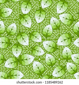 A seamless pattern of leaves arranged randomly on a background of squares of spray.