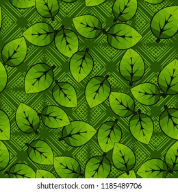 A seamless pattern of leaves arranged randomly in the background of waffle diamonds.