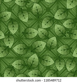 A seamless pattern of leaves arranged randomly in the background of waffle diamonds.