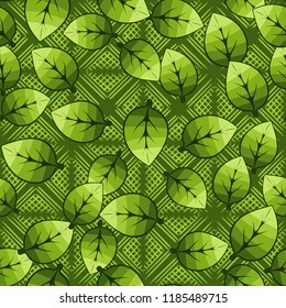 A seamless pattern of leaves arranged randomly in the background of waffle diamonds.