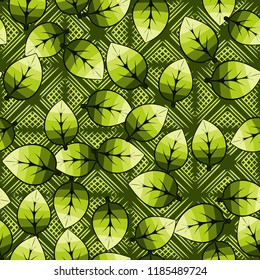 A seamless pattern of leaves arranged randomly in the background of waffle diamonds.