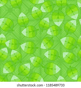 A seamless pattern of leaves arranged randomly in the background of waffle diamonds.