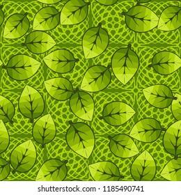 A seamless pattern of leaves arranged randomly on a background of squares made of arcs.
