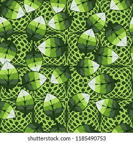 A seamless pattern of leaves arranged randomly on a background of squares made of arcs.