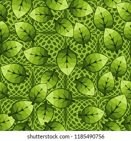 A seamless pattern of leaves arranged randomly on a background of squares made of arcs.