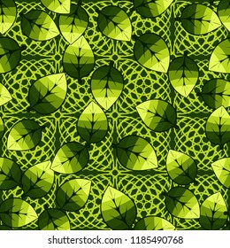 A seamless pattern of leaves arranged randomly on a background of squares made of arcs.