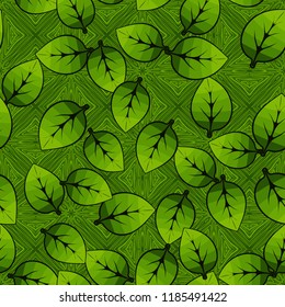 A seamless pattern of leaves arranged randomly on the background of parquet squares.