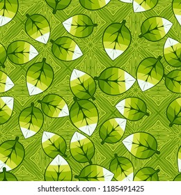 A seamless pattern of leaves arranged randomly on the background of parquet squares.