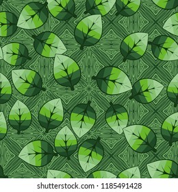 A seamless pattern of leaves arranged randomly on the background of parquet squares.