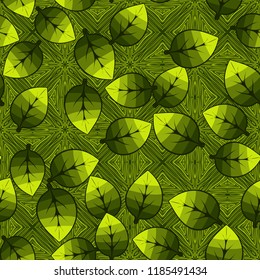 A seamless pattern of leaves arranged randomly on the background of parquet squares.