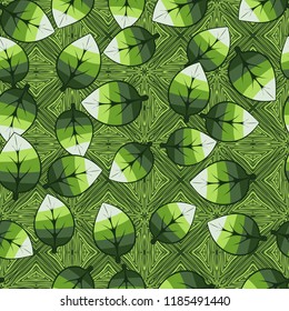 A seamless pattern of leaves arranged randomly on the background of parquet squares.