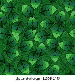 A seamless pattern of leaves arranged randomly on the background of parquet squares.